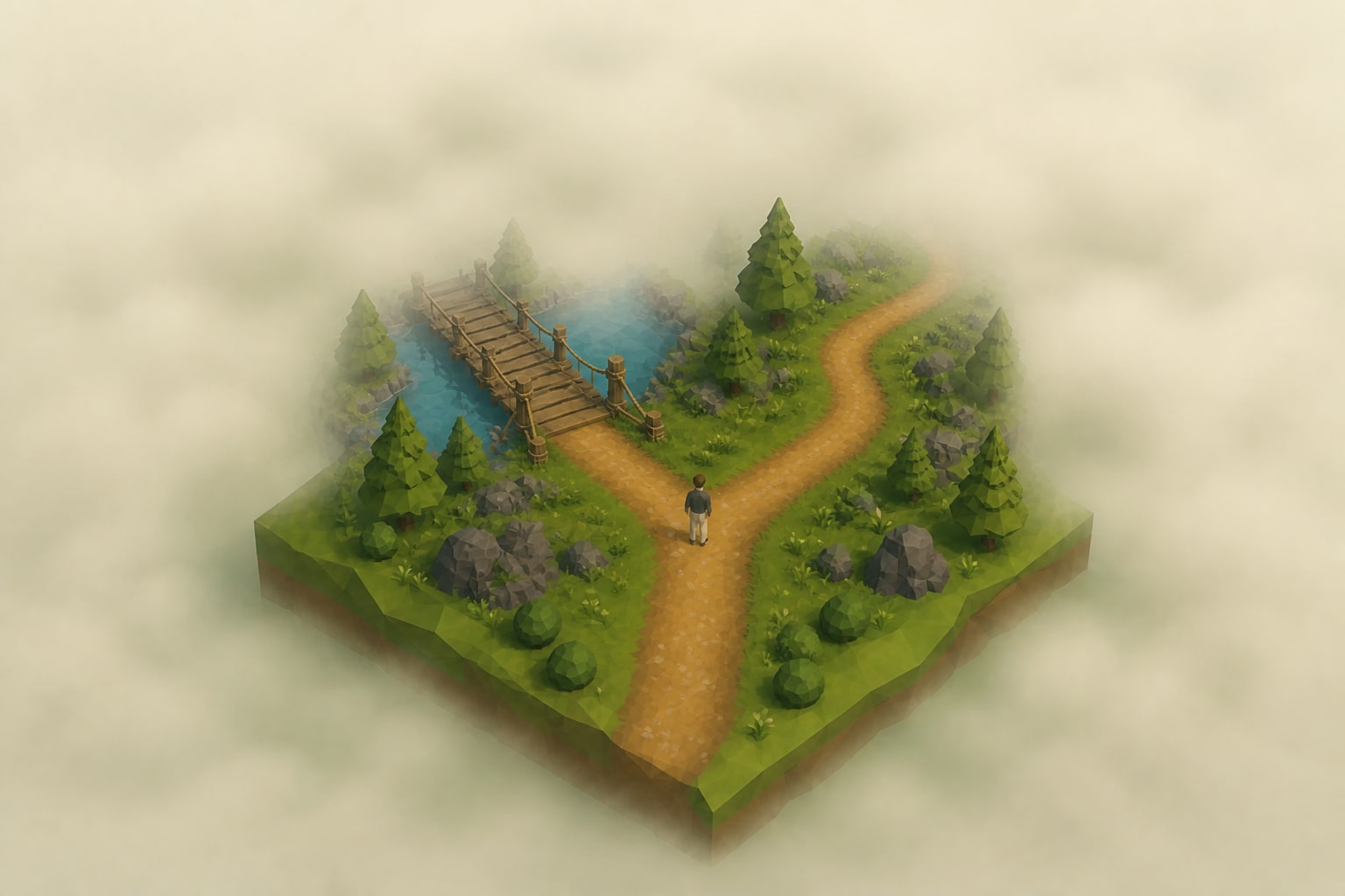 Illustration of a RyftRealm avatar standing at a fork between a wooden bridge and a winding trail disappearing into mist.