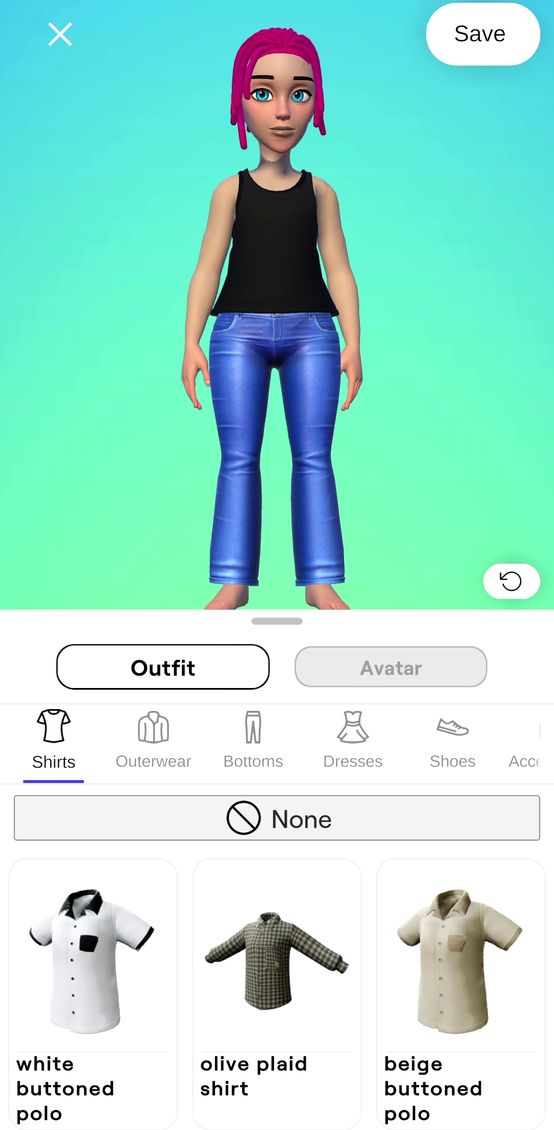 The real RyftRealm avatar editor showing outfit choices.