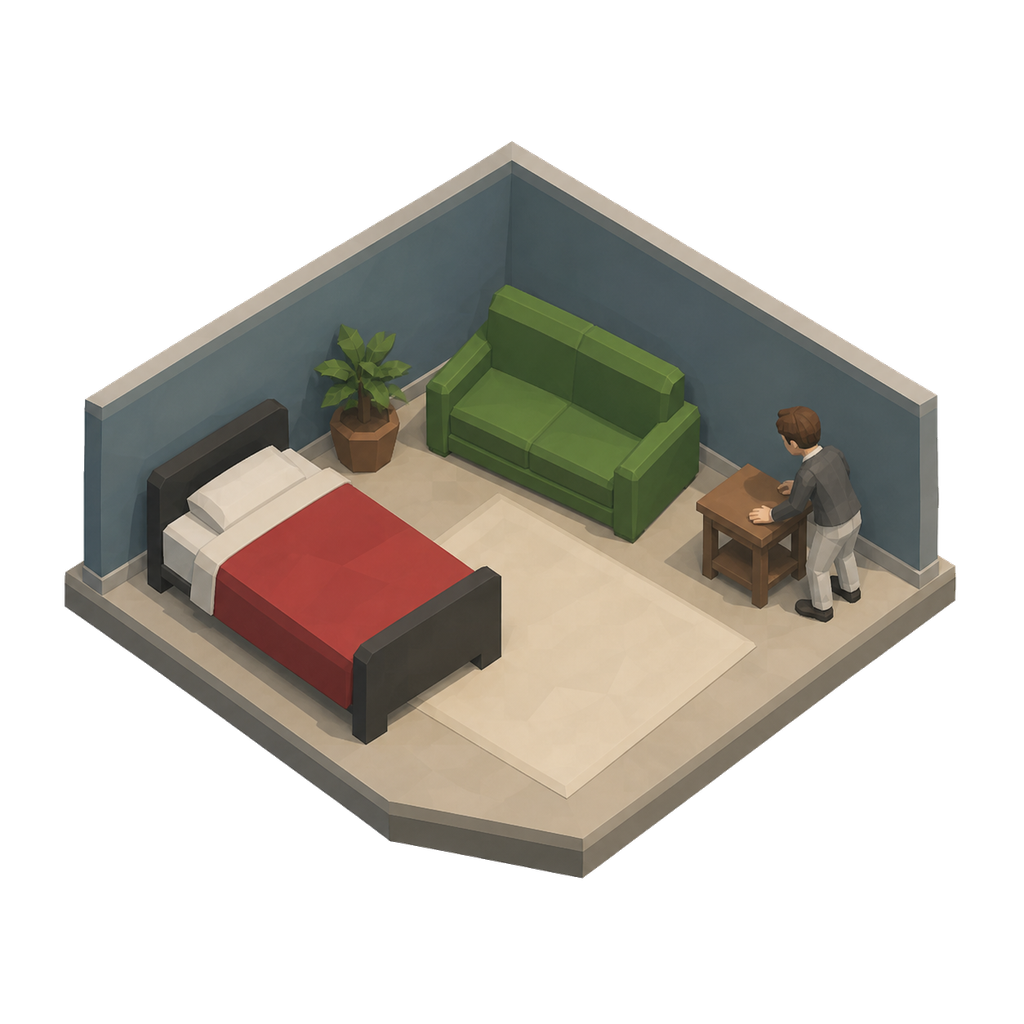 Illustration of a RyftRealm avatar arranging furniture in a cottage cutaway.