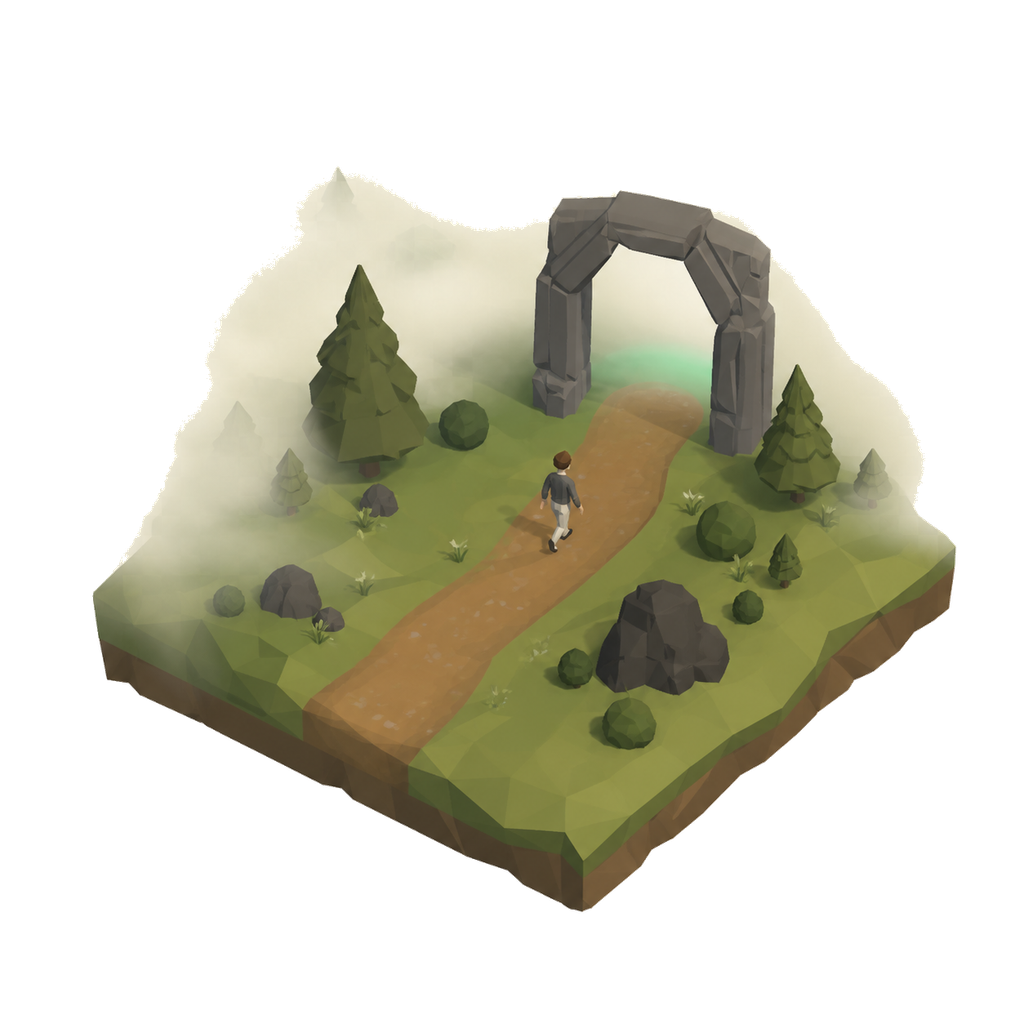 Illustration of a RyftRealm avatar walking along a warm path emerging from mist.